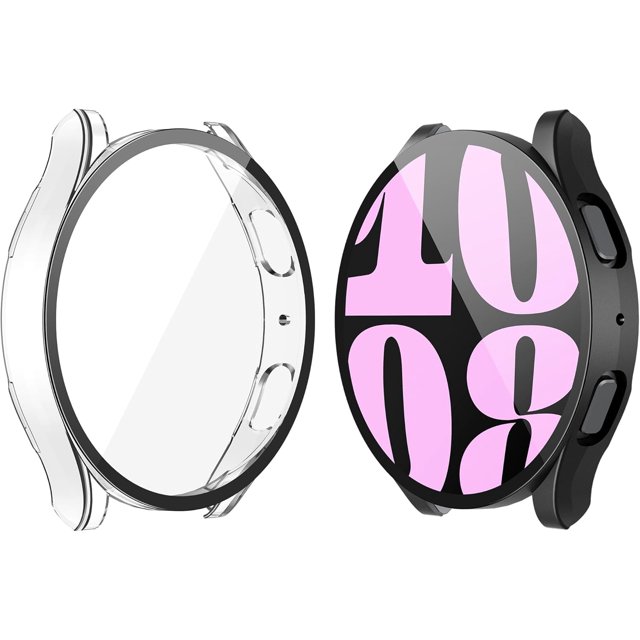 KOMI 2 Pack Hard Case Compatible with Samsung Galaxy Watch 6 40mm with Screen Protector, HD Tempered Glass Screen Protector Cover Overall Protective Cover, Black