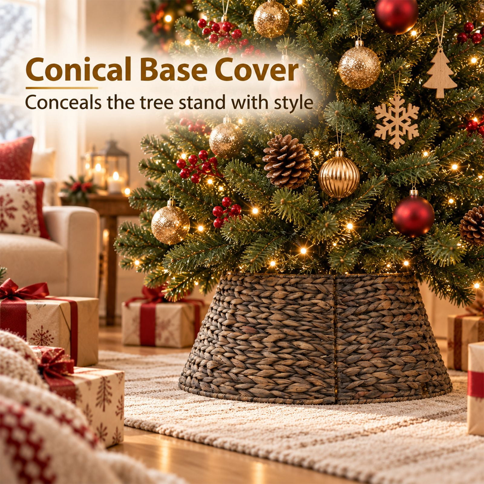 Alvantor Christmas Tree Collar, Woven Rattan Stand Cover with Cord Port, Black 24IN