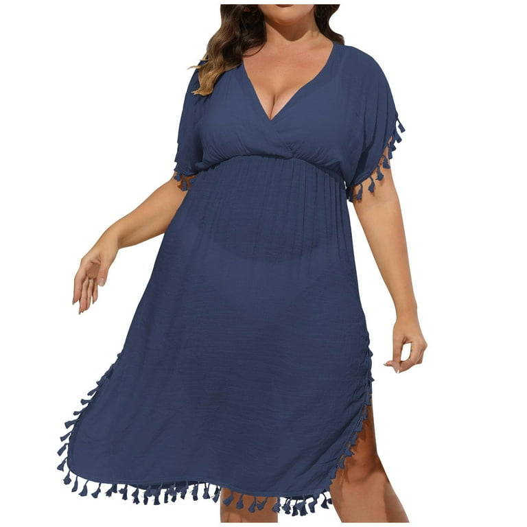 plus size beach cover up wrap dress Pitauce Womens V-Neck Sheer Bathing Suit Cover Up Short Sleeve Boho Tassle Side Slit Beach Dress Plus Size Swimsuit Cover Up, Women's, Size: 3XL, Blue