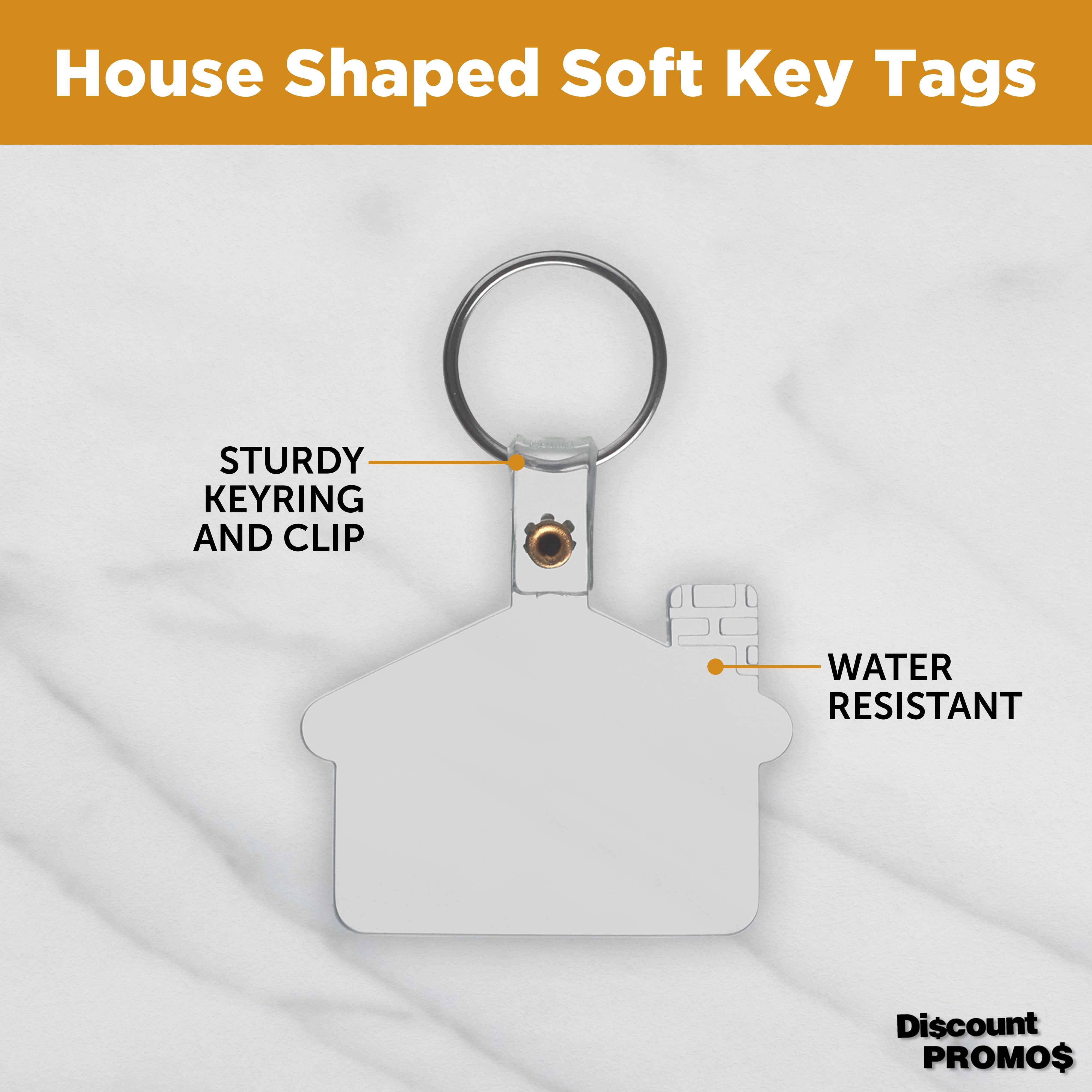 Custom House Shaped Soft Key Tags Set of 100, Personalized Bulk Pack - Perfect for Tradeshows, Party Favors, Events - Black