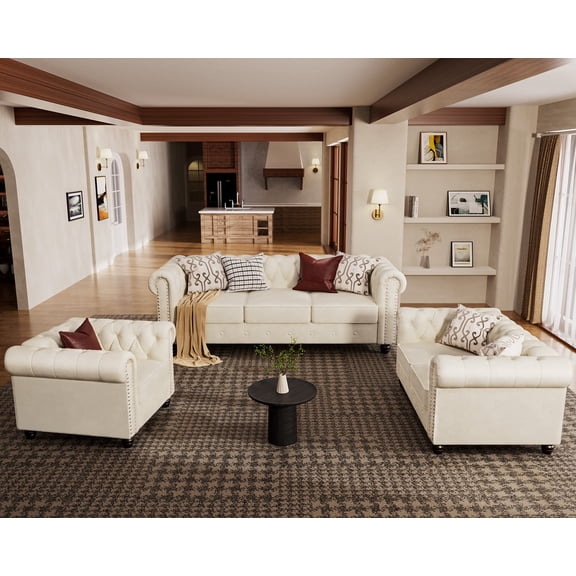 Morden Fort Sofas for Living Room Furniture Sets, Chair Loveseat and Sofa 3 Pieces Dutch Velvet Beige