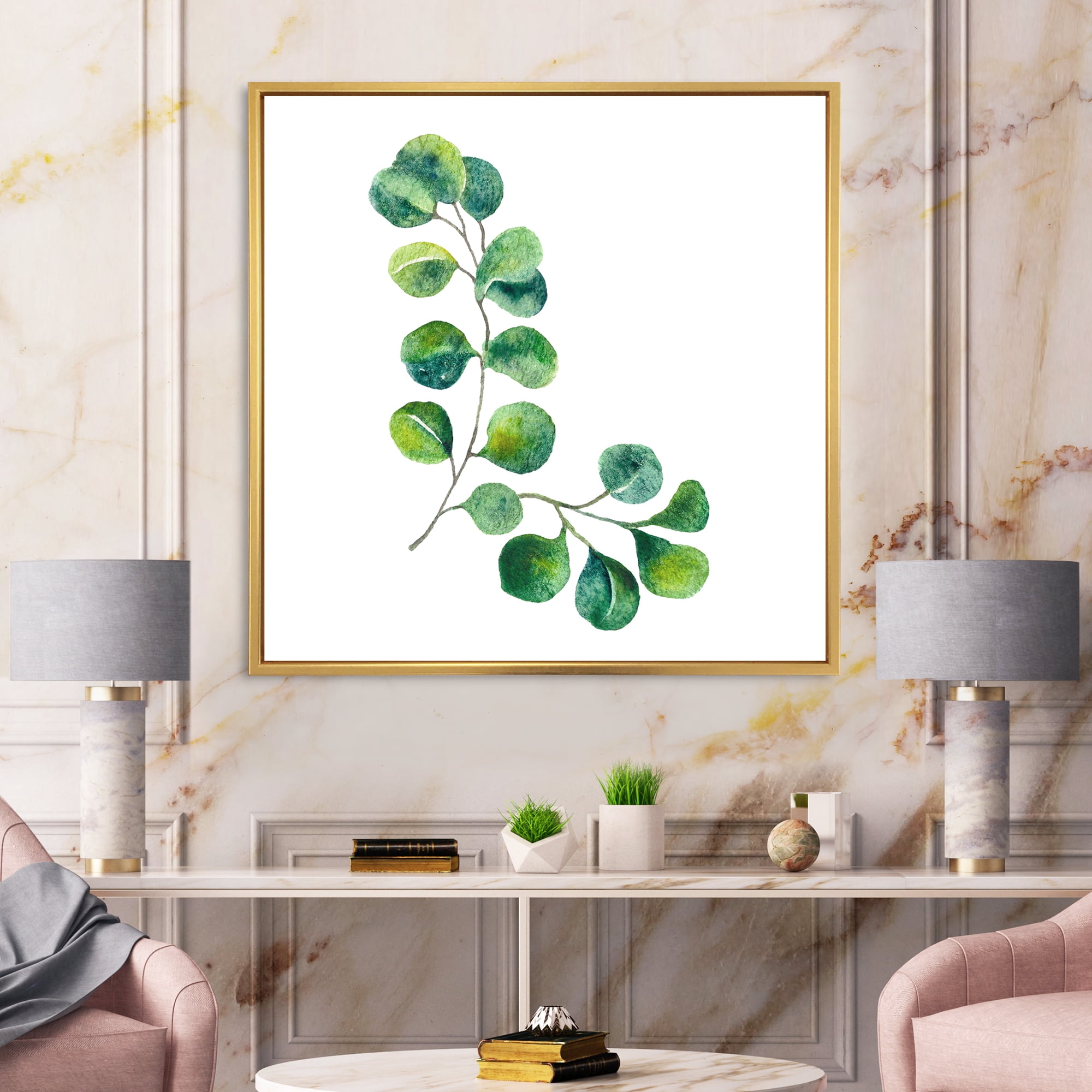 Designart 'Green Eucalyptus Plant Branches II' Traditional Framed Canvas Wall Art Print