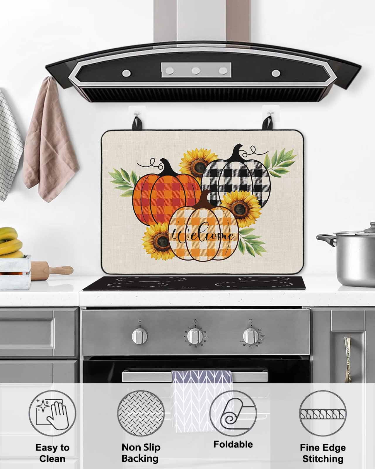Large Induction Cooktop Protector Mat Thanksgiving Stove Top Covers for Electric Stove, Fall Rustic Colorful Plaid Pumpkin Sunflower Decorative Stove Burner Cover Mats, Glass Top Stove Cover