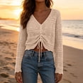 thumbnail image 6 of ZGRBOU Womens Boho Off Shoulder Sheer Tops Long Sleeve Crochet V Neck Pullover Shirts Drawstring Hem Swimsuit Cover Up, 6 of 6