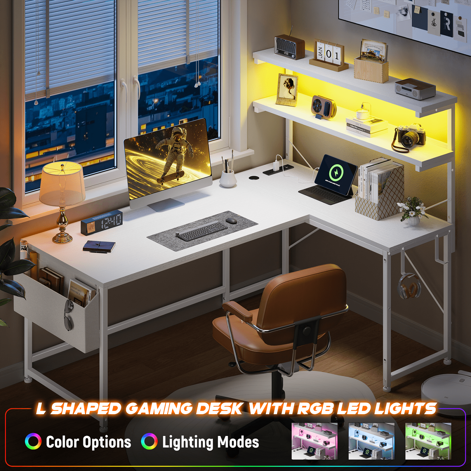 Romorgniz L Shaped Computer Desk with LED Lights & Power Outlet, Reversible 53"W Gaming Desk with Storage Shelf, Side Bag, Hooks for Home Office, White