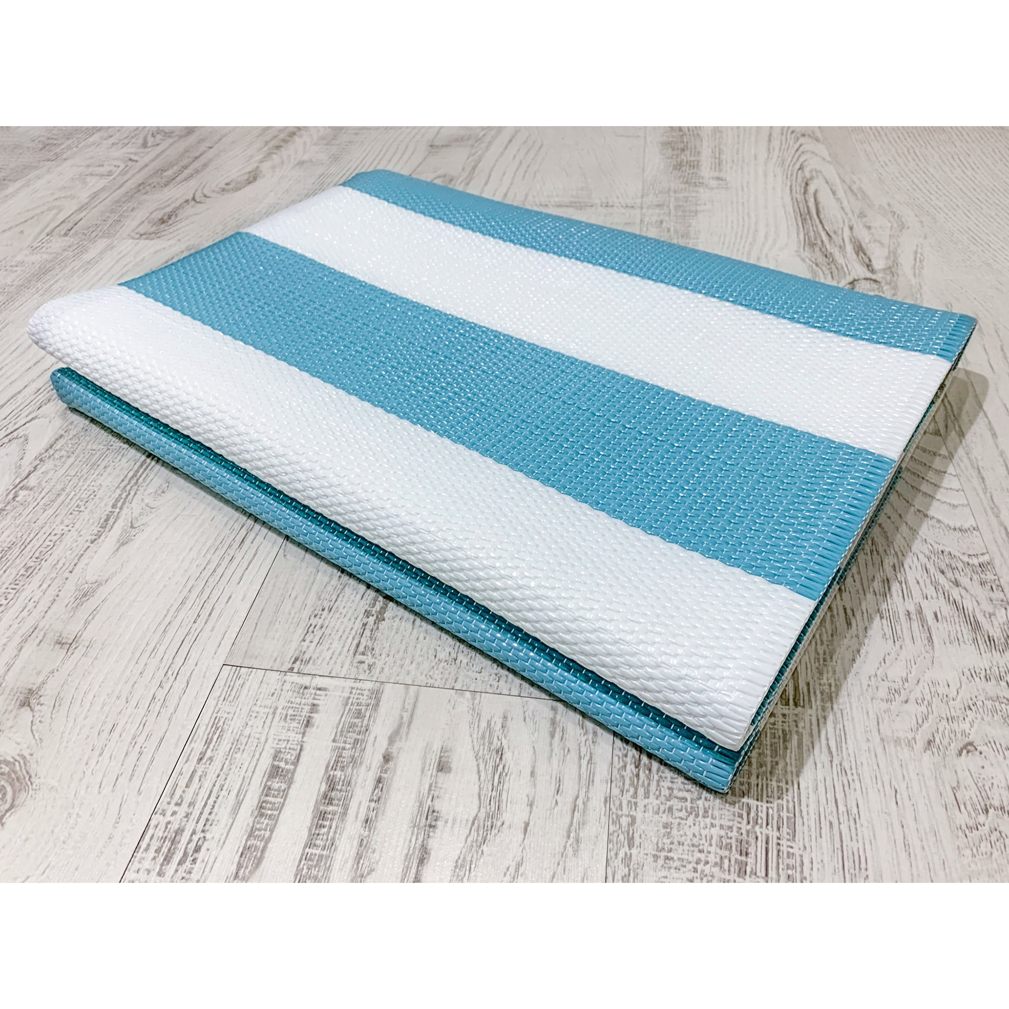 Luna Contemporary Stripe Aqua and White Polypropylene Reversible Plastic Straw Outdoor Area Rug, 5' x 6'11'' Rectangle