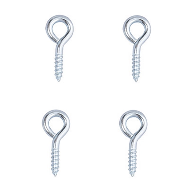 armella pequeña de 1 3/8 de pulgada plata Hillman 4 piezas, cuatro armellas con rosca para montaje en pared en acabado plata brillante, acero/zinc visible, vista frontal sobre fondo blanco; suelen usarse para colgar herrajes y objetos ligeros en proyectos domésticos.