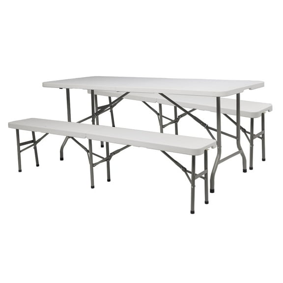 VINGLI 6 ft 3-Piece Portable Picnic White Table Bench Set, Weather-Resistant Plastic Folding Camping Beer Table w/Carrying Handles, for Family Garden Patio Outdoor Activities Use