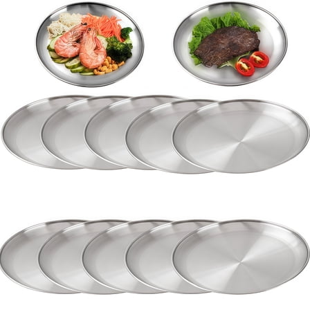 10PCS Stainless Steel Round Serving Tray Silver Platter for BBQ and Buffet Use