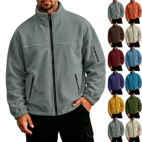 KLHDSF Men's Full Zip Fleece Jacket Stand Collar Zip Pockets Left Arm Pocket Warm Fall Winter Casual Outerwear Coat for Men Army Green L
