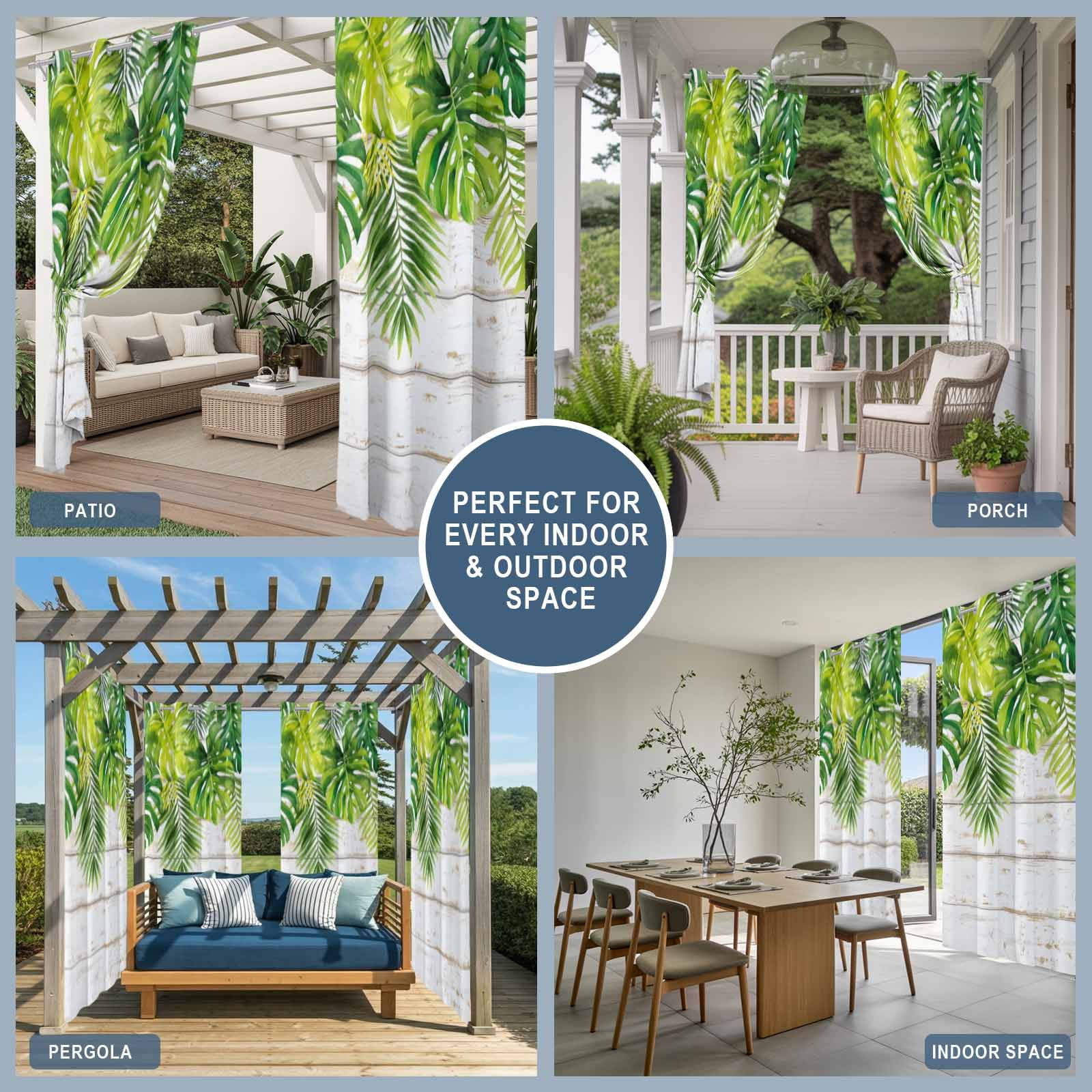 Palm Leaf Outdoor Curtains for Patio, Green Tropical Plant Rustic Country Farm White Wood Grain Sunshade Privacy Drapes Grommet Waterproof Outside Curtains for Porch/Cabana/Balcony 54"x 108", 2 Panel