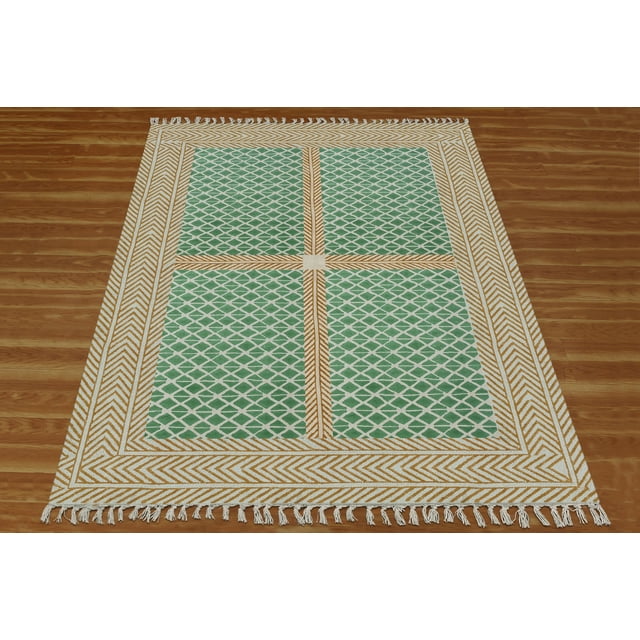 Casavani Handwoven Green Cotton Dhurrie Living Dining Room Carpets Geometric Area Rug 2x3 feet