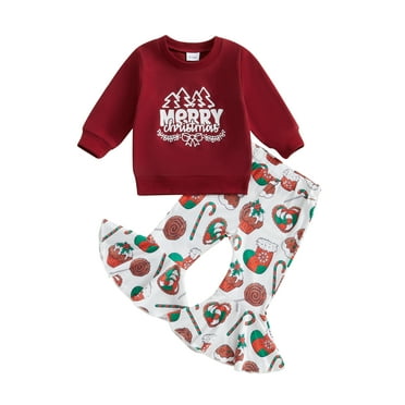 Toddler Baby Girls Christmas Pants Clothing Sets 0 6 12 18 24 Months 2T 3T Long Sleeve Letter Print Tops Candy Cane Socks Print Flared Pants Outfits