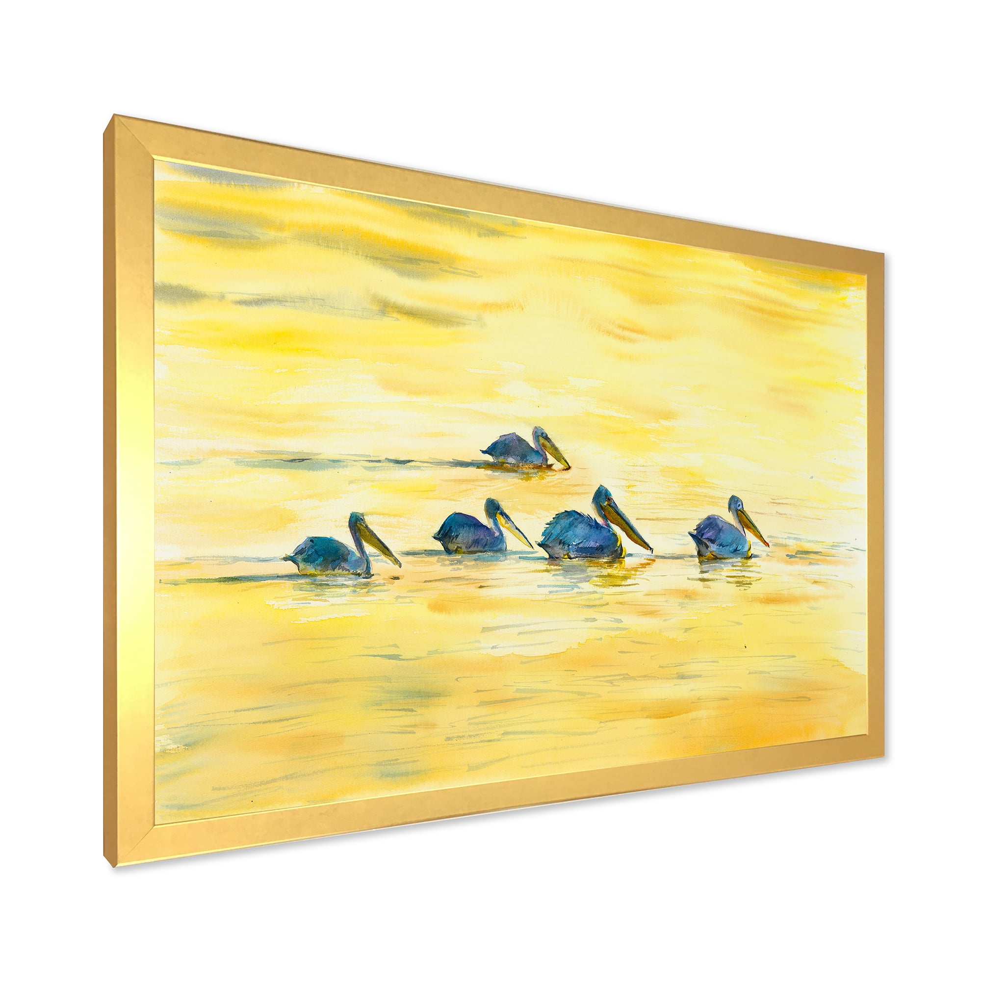 Designart 'Pelicans Birds On The Yellow River' Farmhouse Framed Art Print
