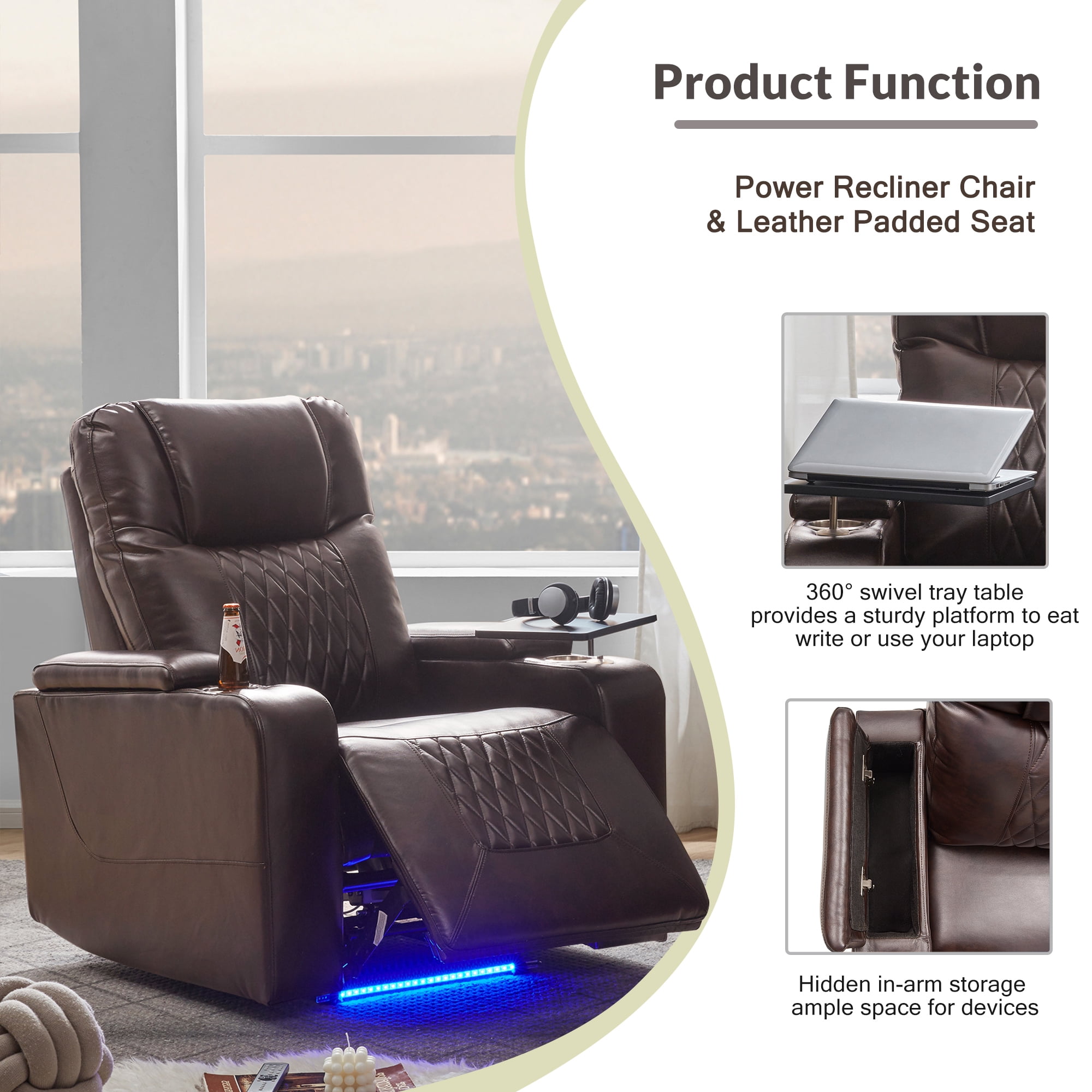 Euroco Modern Power Recliner Chair with USB Port, Swivel Tray Table, Hidden Arm Storage & Dual Cup Holders – Electric Reclining Seat for Living Room or Home Theater