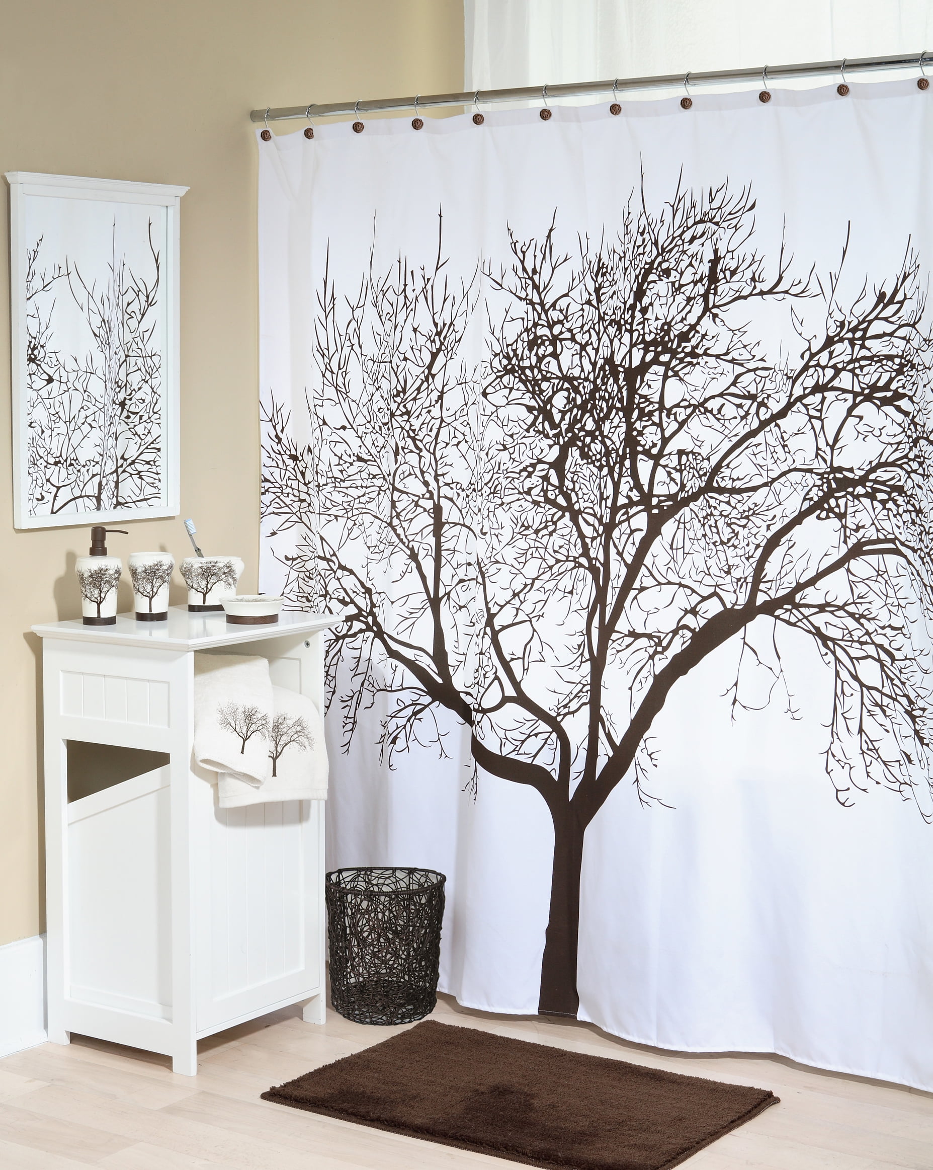 Black Tree Design with White Background 70 x 70 inch Polyester with 12 Free Plastic Hooks Set for Home Hotel Flexzion Waterproof Bathroom Shower Curtain 