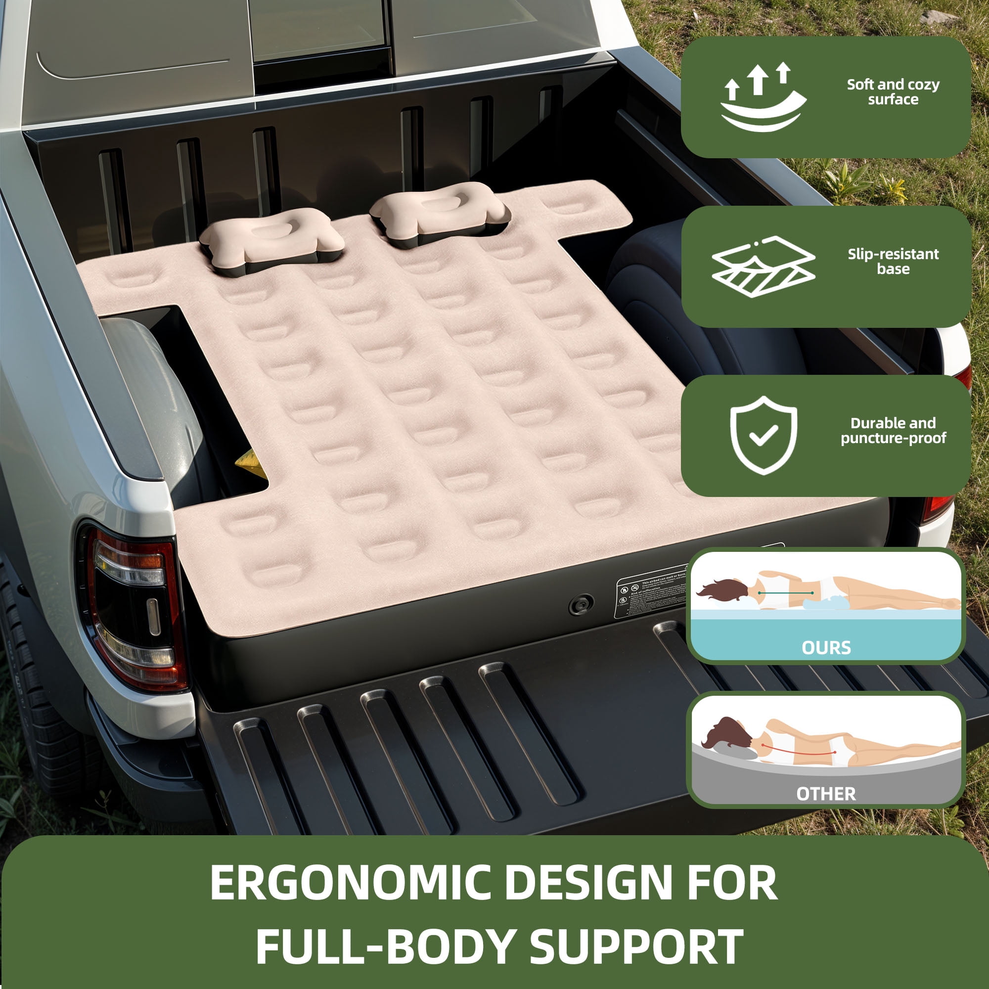 Uforic Inflatable Truck Air Mattress for 5.5–5.8ft Short Bed Pickups, Camping Car Bed with Pump, Pillows, Carry Bag & Patch Kit, Fits Full-Size Trucks (Black + Brown)
