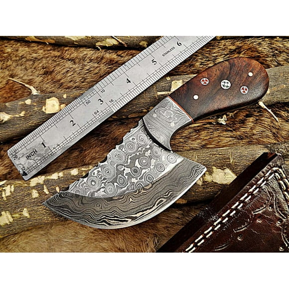 7" long compact Hand Forged Damascus Steel wide blade Knife with 3.5" cutting, Natural Rose wood scale with Bolster cow hide leather sheath