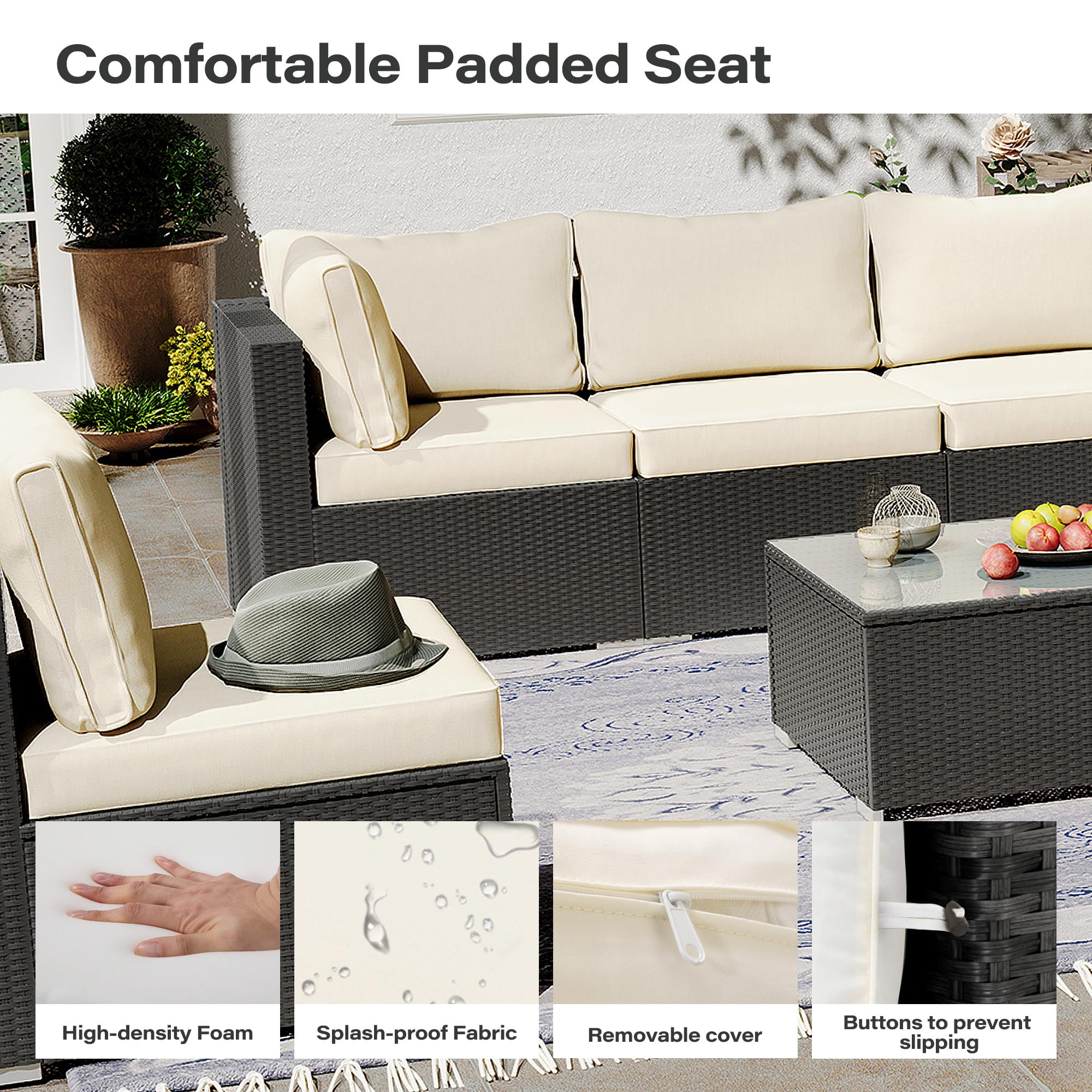 LAUSAINT HOME 7 Pieces Outdoor Furniture Set, Patio Sectional Conversation Set with 6 Chairs and 1 Coffee Table, Beige Cushions