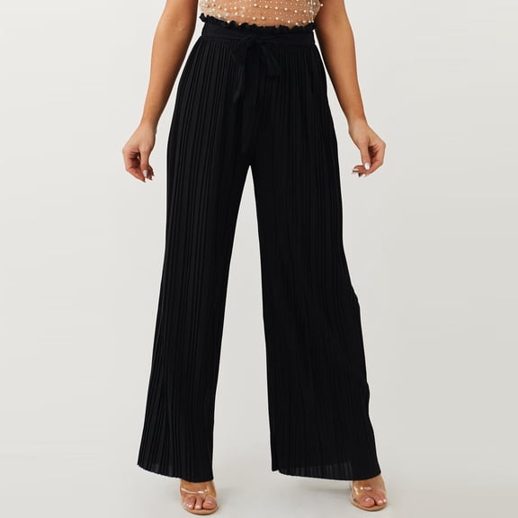 Cagogo Women Wide Leg High Waisted Pleated Casual Loose Long Pants Trousers Travel Summer Flowy Beach Lounge Palazzo Fashion Clothes, Black 2XL