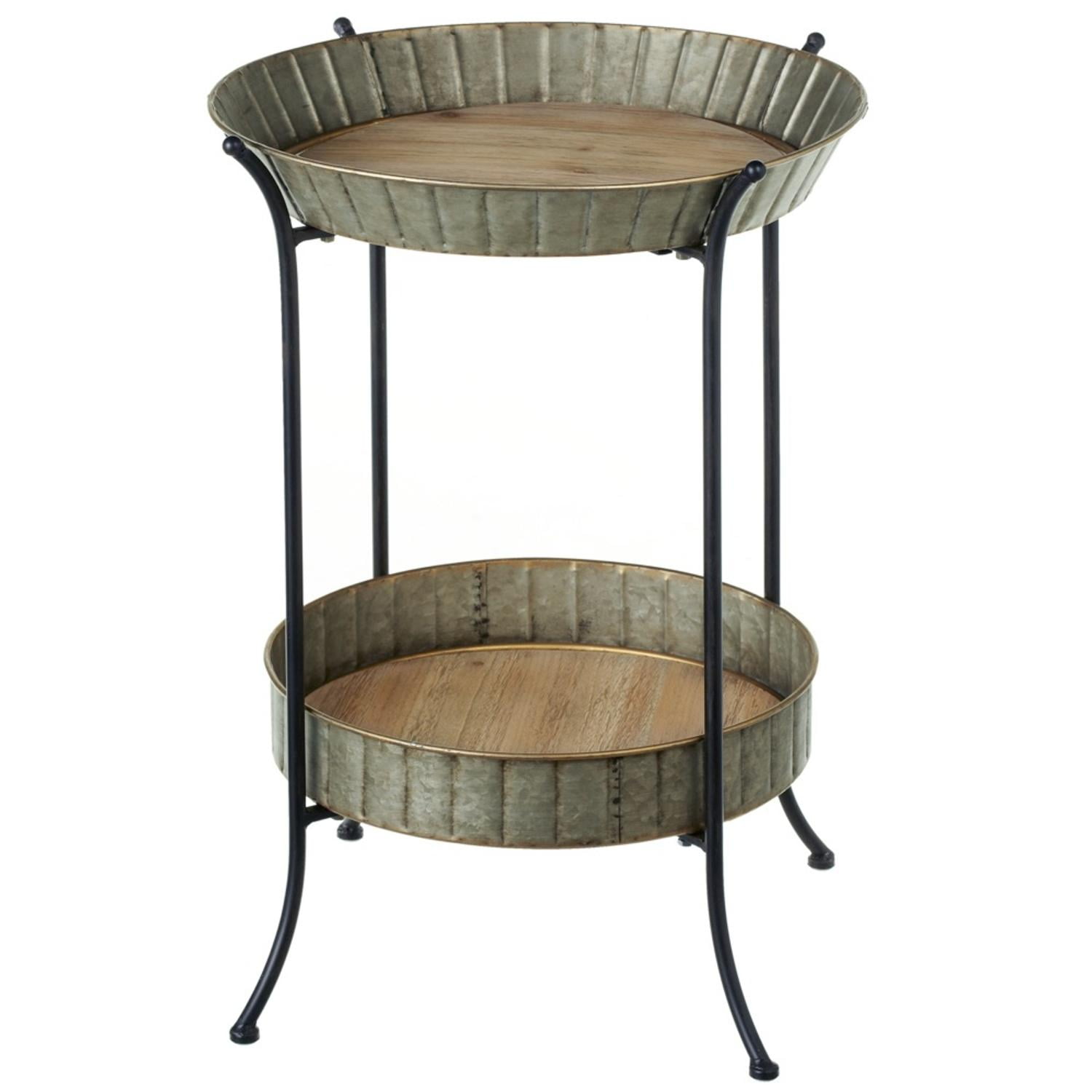 61" Black and Brown Metal TwoTier Round Galvanized Fluted Side Table