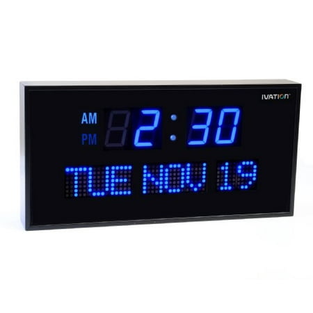 Ivation Big Oversized Digital Blue LED Calendar Clock with Day and Date - Shelf or Wall Mount (12 inches - Blue