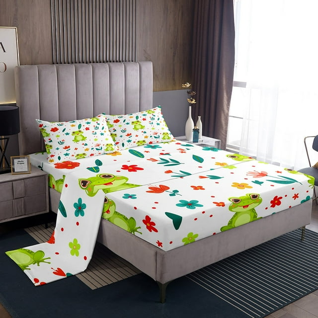 YST Frog Bed Sheets Set King Sheet Sets For Girls Kids Wild Animal Sheets, Cute Flower Animal Bed Set Botanical Flower Pattern 3D Fitted Sheet + Top Sheet + 2 Pillowcases