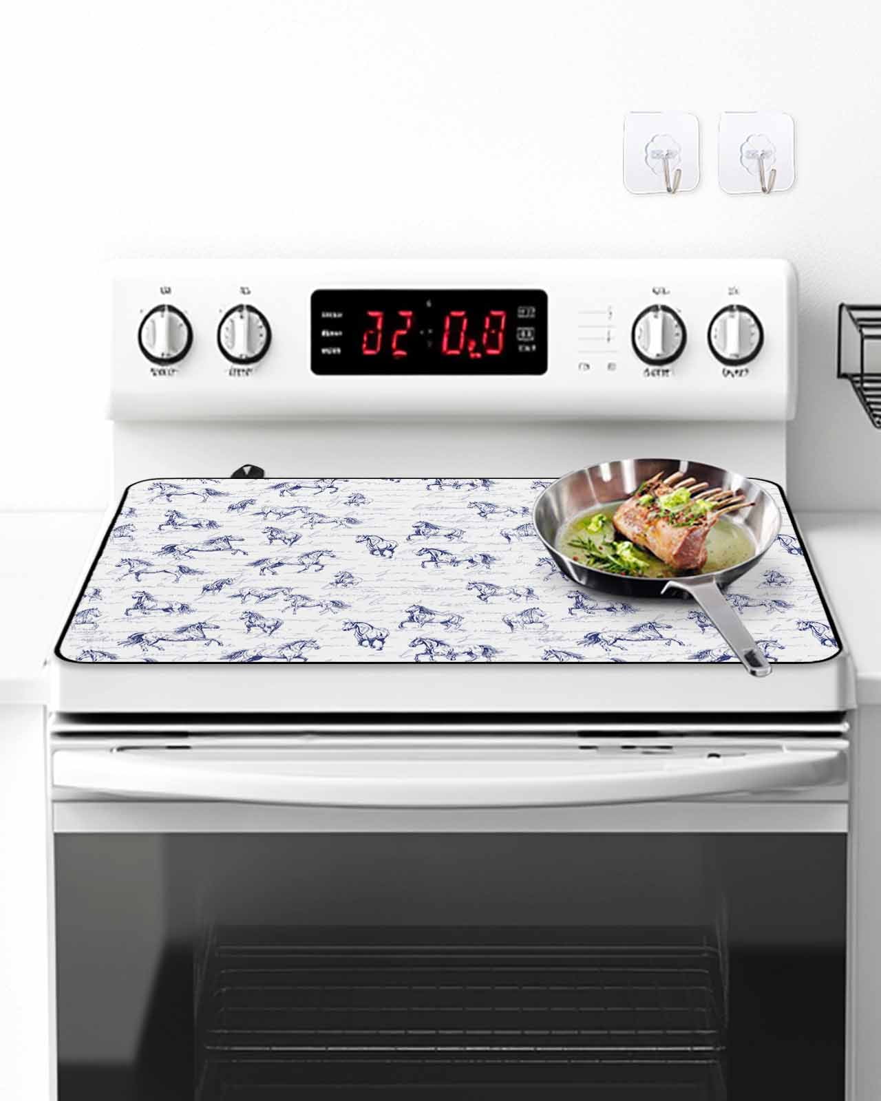 Stove Top Covers for Electric Stove, Blue Horse Glass Stovetop Cover Protector, Watercolor Vintage Animals Induction Cooktop Protector Oven Mat for Kitchen Countertop 24"x21"