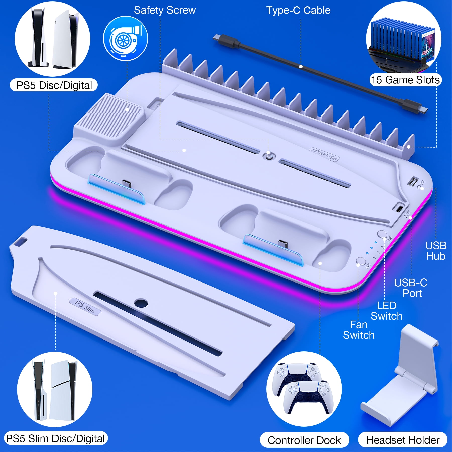 PS5 Stand with Cooling Station for PS5 Slim,QQV Dual Controller Charger for PS5 Digital & PS5 Disc Version,PS5 Accessories with RGB Light & Headset Holder