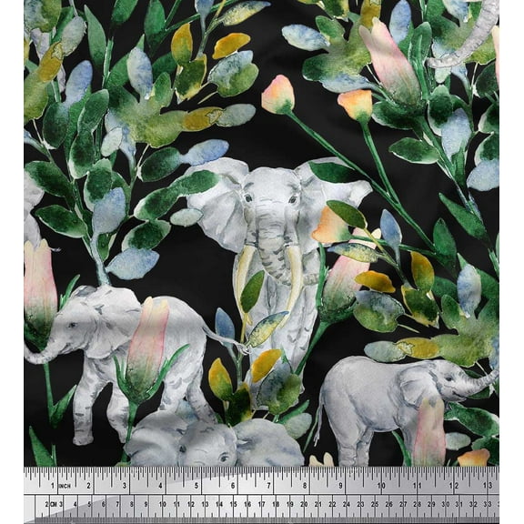 Soimoi Cotton Duck Fabric Leaves,Floral & Elephant Animal Print Fabric by the Yard 42 Inch Wide