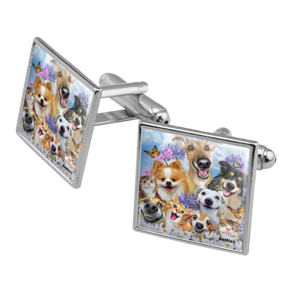 Dogs Cats Fun in the Sun Selfie Square Cufflink Set - Silver or Gold