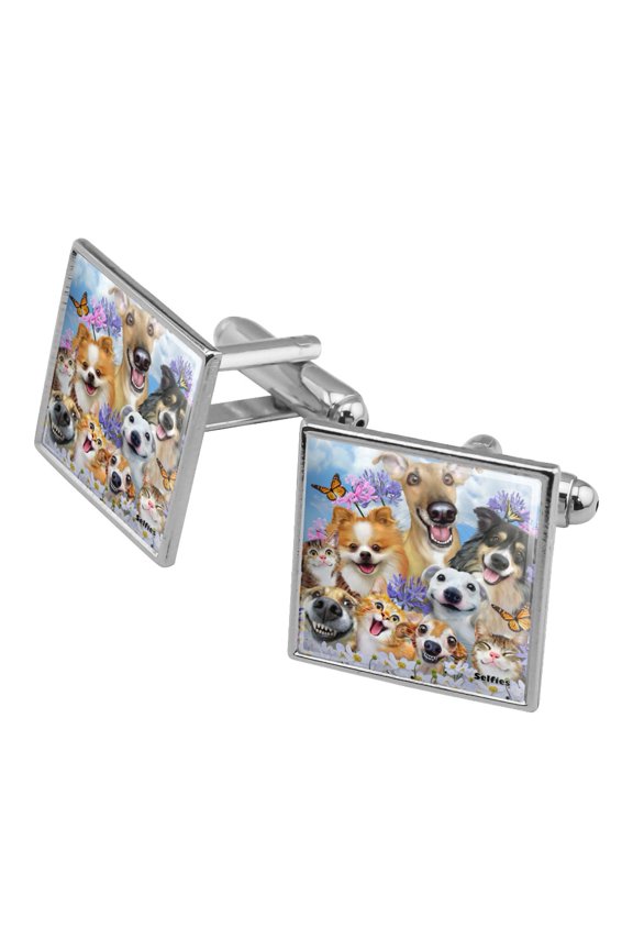 Dogs Cats Fun in the Sun Selfie Square Cufflink Set - Silver or Gold