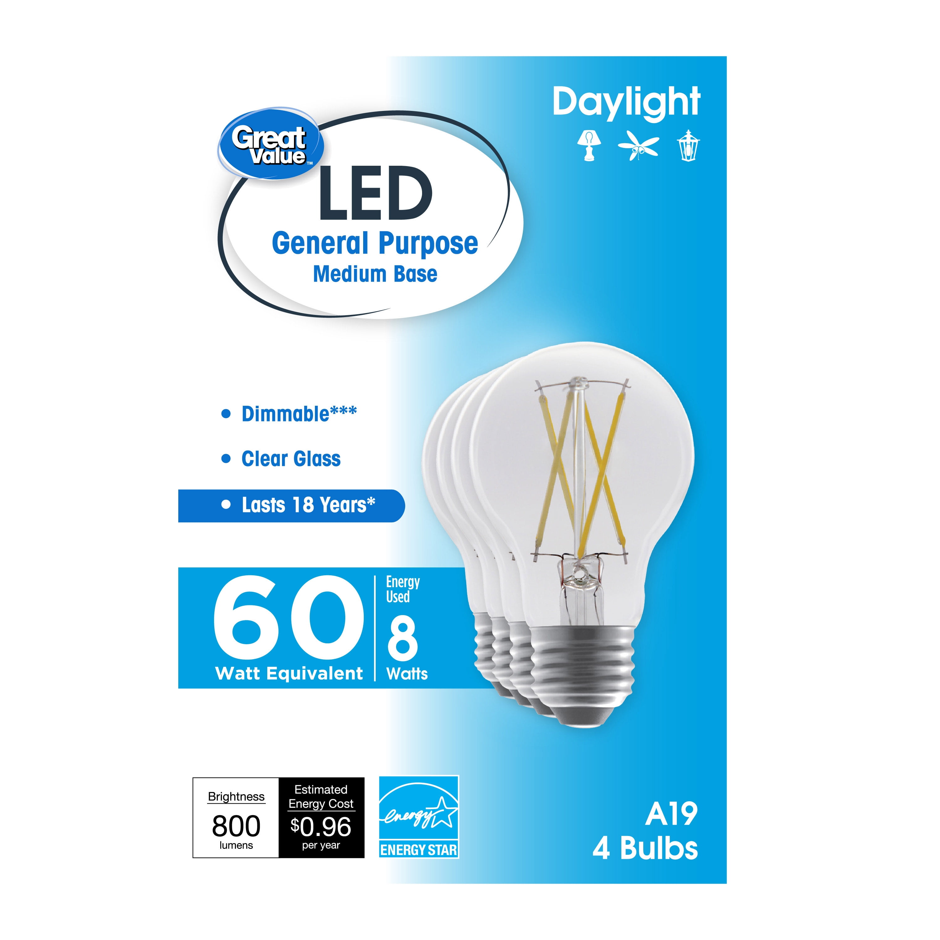 (4 pack) Great Value 18 Year LED Light Bulbs, A19 60 Watts Eqv, E26, Dim, Daylight, Clear Glass, 4 Pack