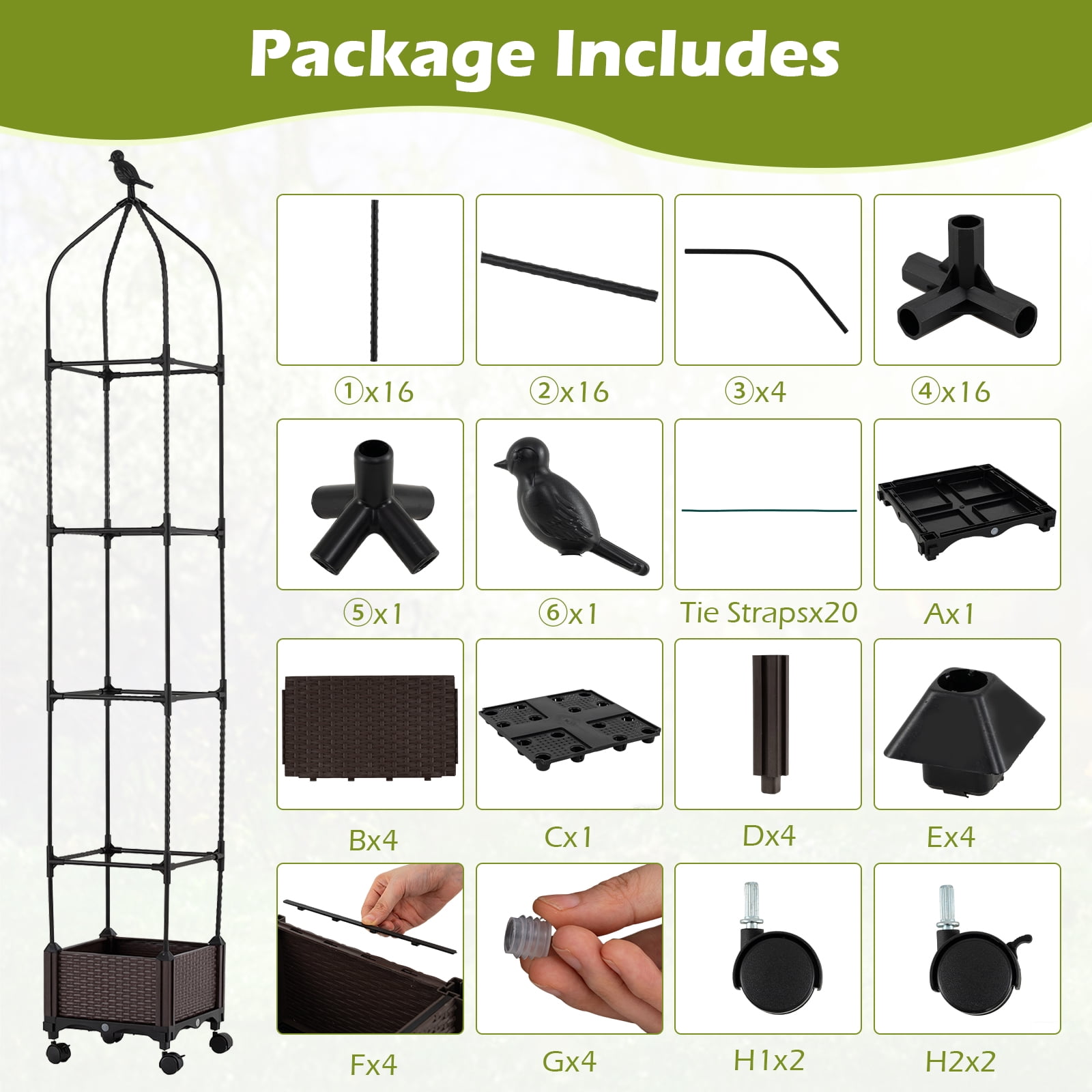 Costway 1 PCS Raised Garden Bed Tomato Cage Planter Box with PE-Coated Metal Trelli Wheels