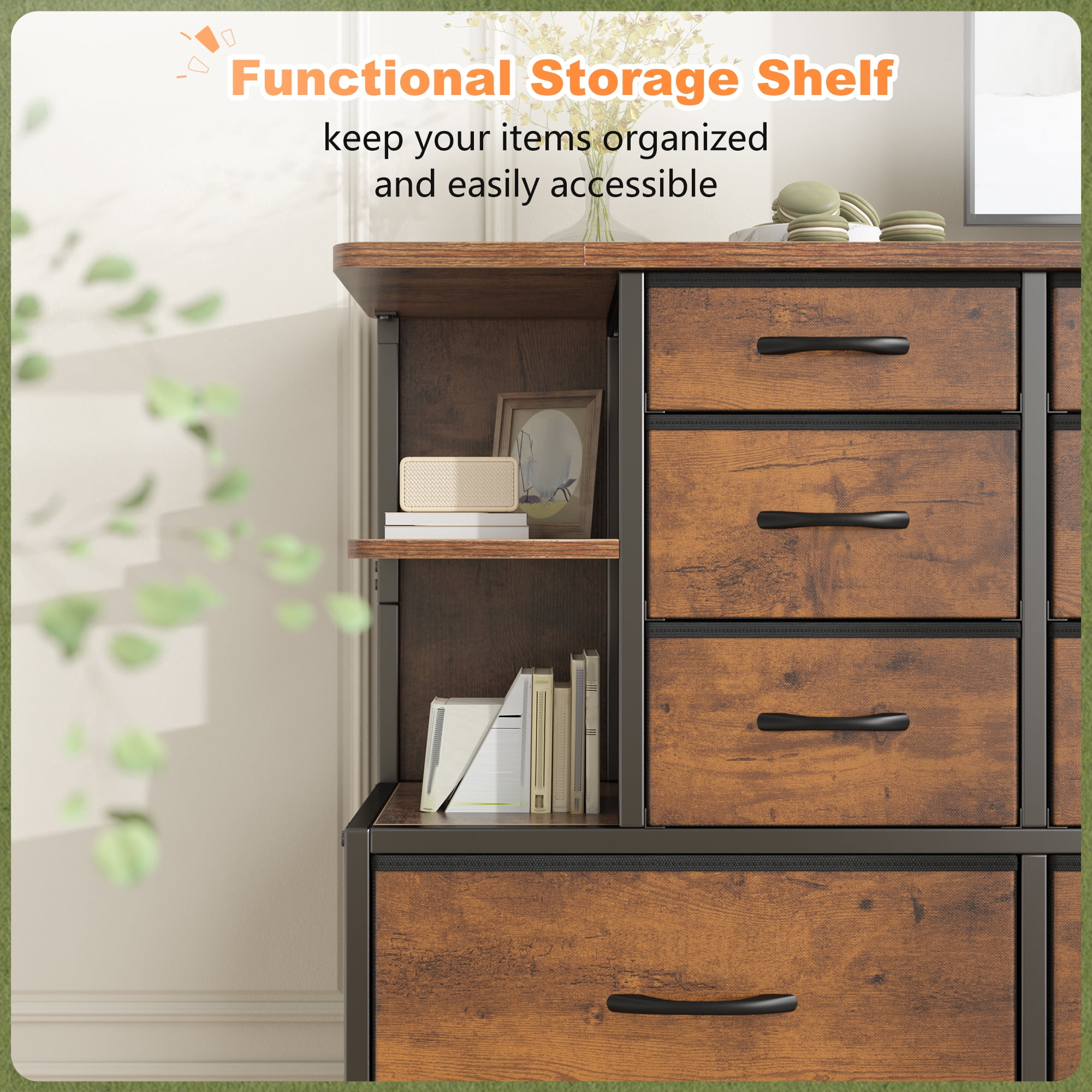 Romorgniz Tall Dressers for Bedroom with 12 Fabric Drawers and Open Shelves Dressers & Chests of Drawers with LED Lights, Metal Frame, Rustic Brown