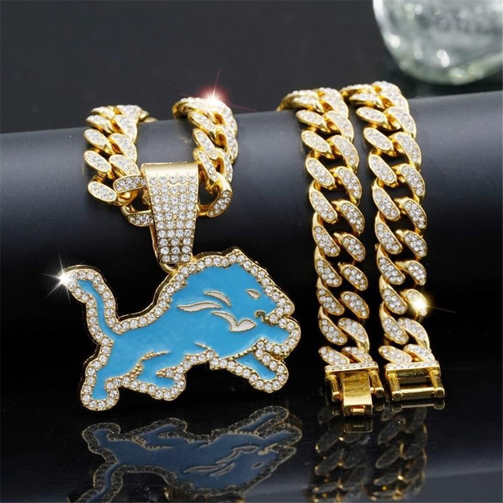 Men Women Hip Hop Personalized Trend Blue Lions Football Team Pendant Necklace 15mm Crystal Cuban Chain HipHop Iced Out Bling Necklaces Fashion Charm Jewelry