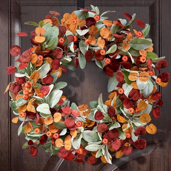 Yastouay 22" Fall Wreath for Front Door, Autumn Door Wreath with Eucalyptus Lambs Ears Leaves for Harvest Thanksgiving Home Fall Decor