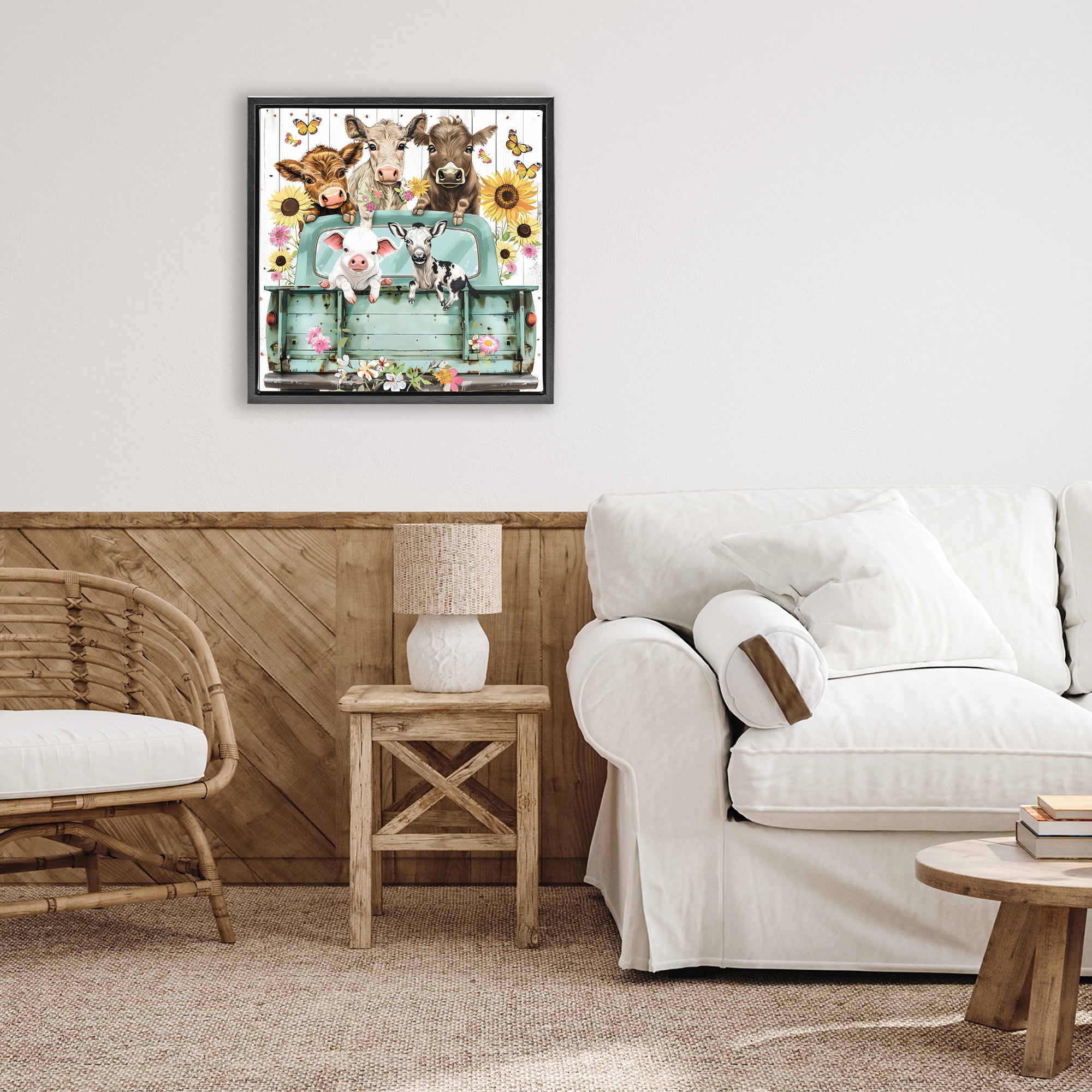 Stupell Industries Barnyard Friends in Vintage Truck Black Framed Floater Canvas Wall Art, design by Creative Studio