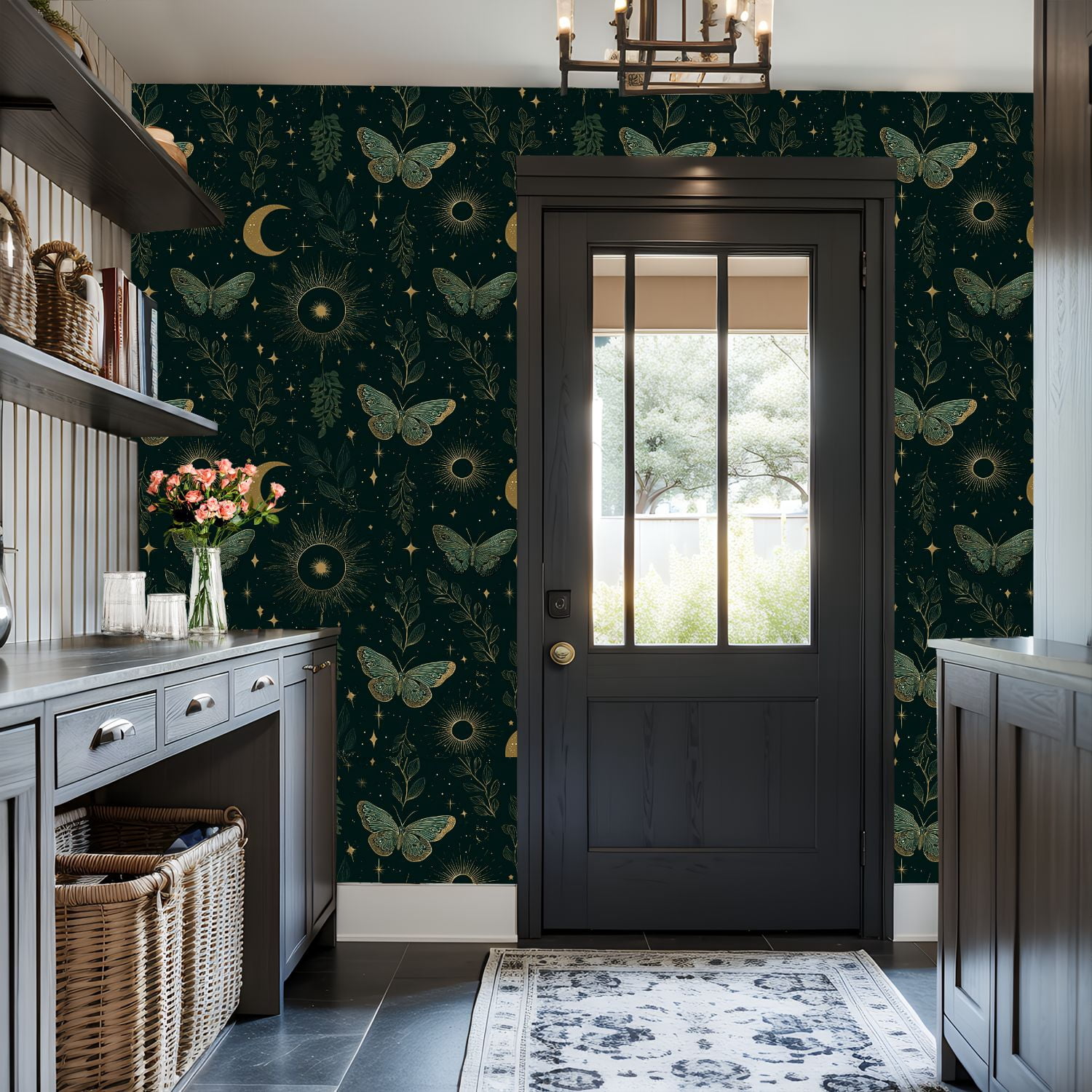 Peel and Stick Wallpaper 17.7in x 9.8ft Butterflies Floral Moon Phases Gold Accents Contact Paper Vinyl Waterproof Self Adhesive Wall Paper for Bedroom Shelf Cabinet Renter Friendly