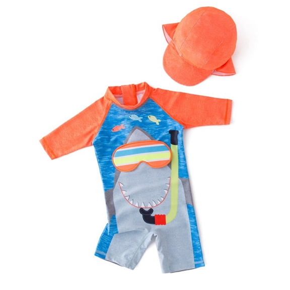 Rggeeun Child Boys Swimsuit Set 2Pc Cute Fish Print Color Block Design Long Sleeve Crew Neck Elastic Above Knee with Cover Up Hat for Summer Water Surfing Stretchy Swim Wear,Orange,3-4 Years