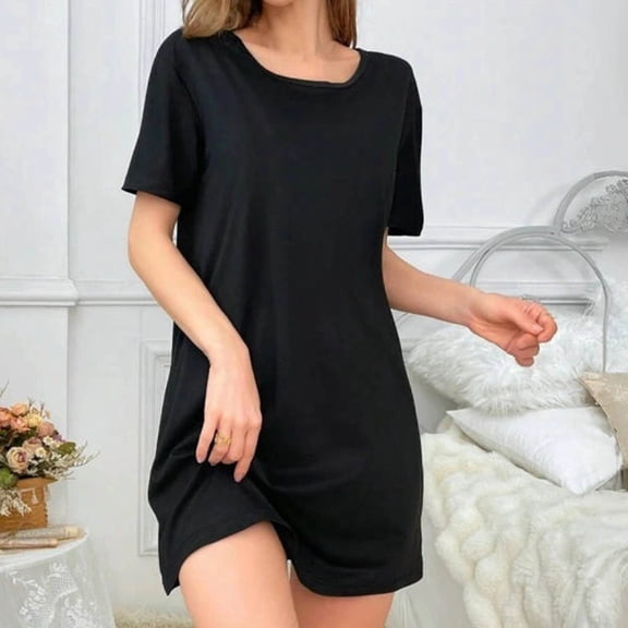 SELONE Short Sleep Shirts for Women Crew Neck Sleep Shirt Solid Short Sleeve Mini Dress Comfortable Tank Dress