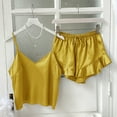 thumbnail image 3 of LYEAA Womens Sleepwear Valentine's Day Two Piece Soft Satin Nightwear Set V Neck Sling Tops with Shorts Cozy Loungewear Ladies Solid Ruffled Loose Casual Pajamas Sleepsuits Yellow M, 3 of 3
