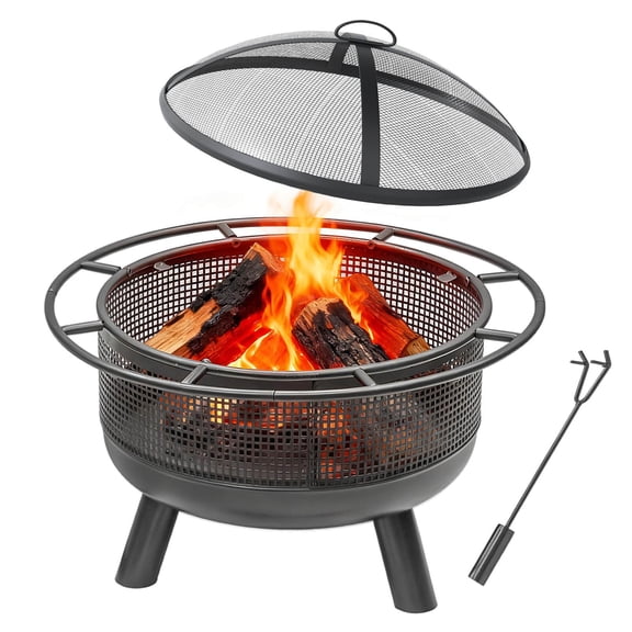 GETHFS 24” Heavy-Duty Wood Burning Fire Pit with Spark Screen, Fire Poker, and Log Grate, Portable Outdoor Patio Heater, Rustproof Metal Bonfire Bowl