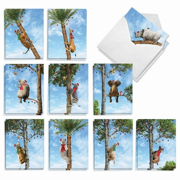 The Best Card Company 20 Assorted Christmas Notecards Bulk Box Set 4 x 5.12 Inch with Envelopes (10 Designs, 2 Each) Holiday Tree Animals AM10323XSG-B2x10