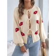 thumbnail image 6 of Women Jacquard Pattern Crew Neck Front Self Tie Cutout Lantern Long Sleeve Loose Knit Sweater Color L, 6 of 9
