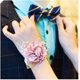 thumbnail image 3 of Pulsera de ramillete de rosas, ramillete floral de muñeca de boda con diamantes de imitación y perlas, pulsera de flores de mano, juego de boutonniere de rosa de seda para boda (rosa), 3 of 5