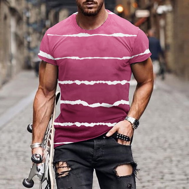 Qertyioot T-Shirt à Manches Courtes pour Hommes, Col Rond, Imprimé Rayé, Chandail de Sport Décontracté