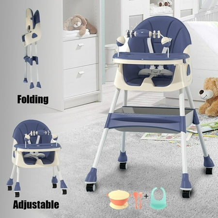 XUDREZ 4-in-1 Baby Highchair Adjustable Kid Chair Baby Dining Chairs Eat & Grow Convertible High Chair with Five-point Snap Button Double-layer Dinner Plate and Toy Rack Blue