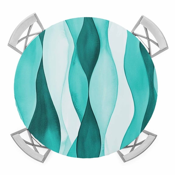 Turquoise Stripes Round Tablecloth for 55-60 Inch Tables,Fitted Table Cover with Elastic Edge,Vintage Farmhouse Ripple Texture Art Waterproof Outdoor Table Cloth Protector for Patio Garden Dinner