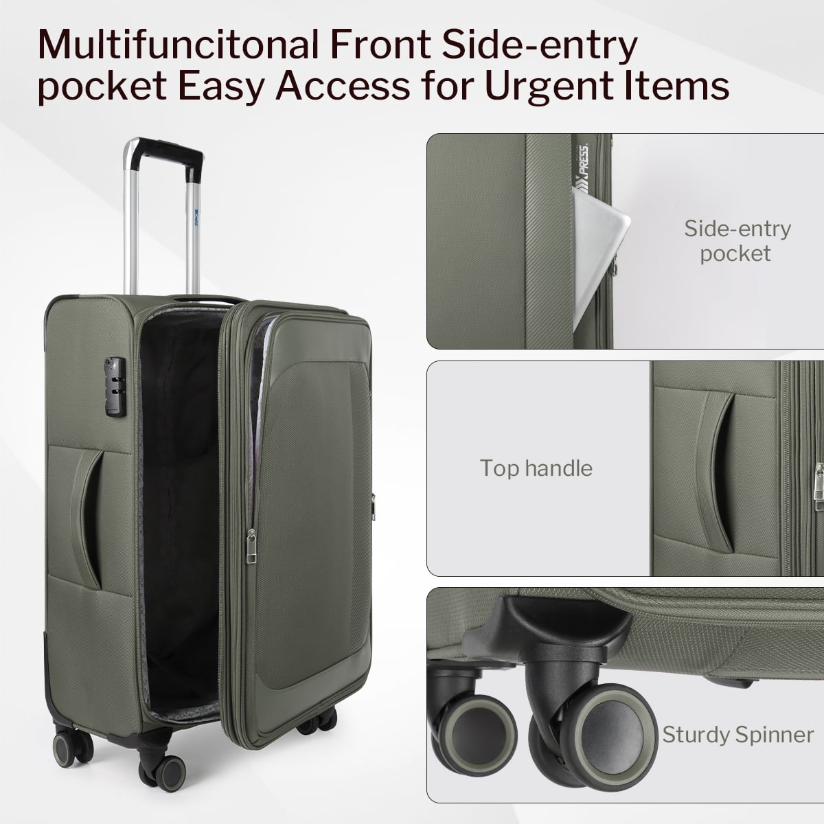 3-Piece Softside Luggage Set Expandable Suitcase with TSA Lock and Front Opening, 20"/26"/30", Grey - 8809